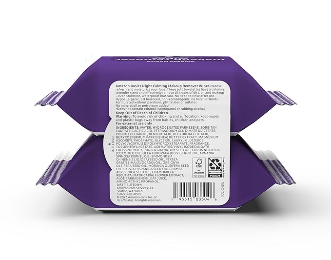 Amazon Basics Makeup Remover Wipes, Gentle Cleansing, Dermatologist Tested, Night Calming, Plant Based, Alcohol-Free, Removes Waterproof Mascara, 25 Count Per Pack, Pack of 2