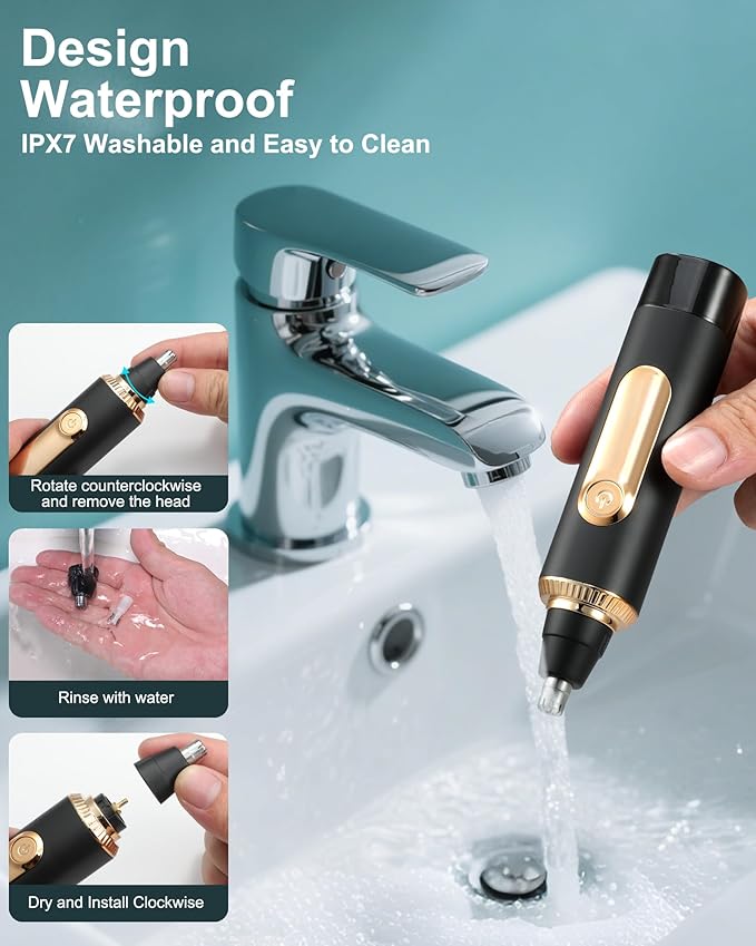 Ear and Nose Hair Trimmer for Men Women with LED Display, 2 in 1 Painless USB Rechargeable Nose Trimmer Clipper Eyebrow & Facial Hair Remover, 13,000 RPM,Dual Edge Blades,Waterproof,Black Gold