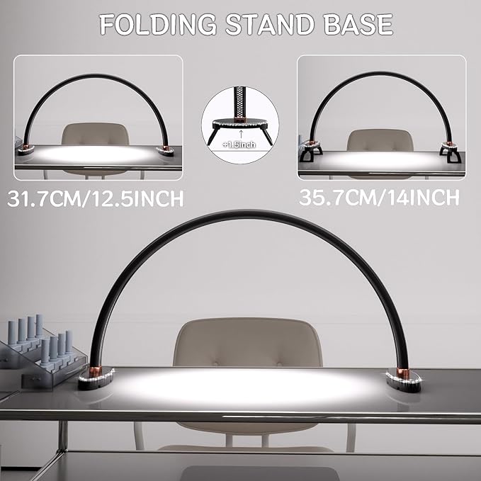 Half Moon Light for Nail Desk, Black Nail Tech Desk Lamp with Stepless Dimming, 3 Color Temperature, for Manicure, Tattoos, Eyebrows, Beauty