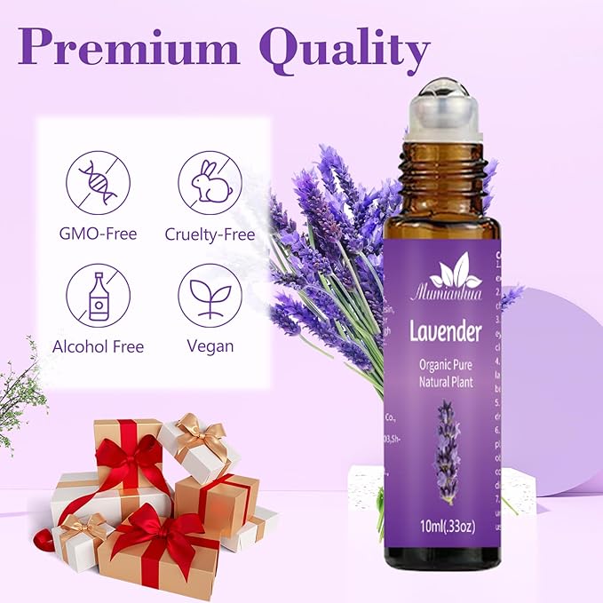 Lavender Essential Oil Roll On, Mumianhua Pre-Diluted Lavender Oil, Therapeutic Grade Aromatherapy Oil for Relaxation, Focus Pulse Points, Pillow, Skin, Massage Portable 0.33Oz Pocket Size