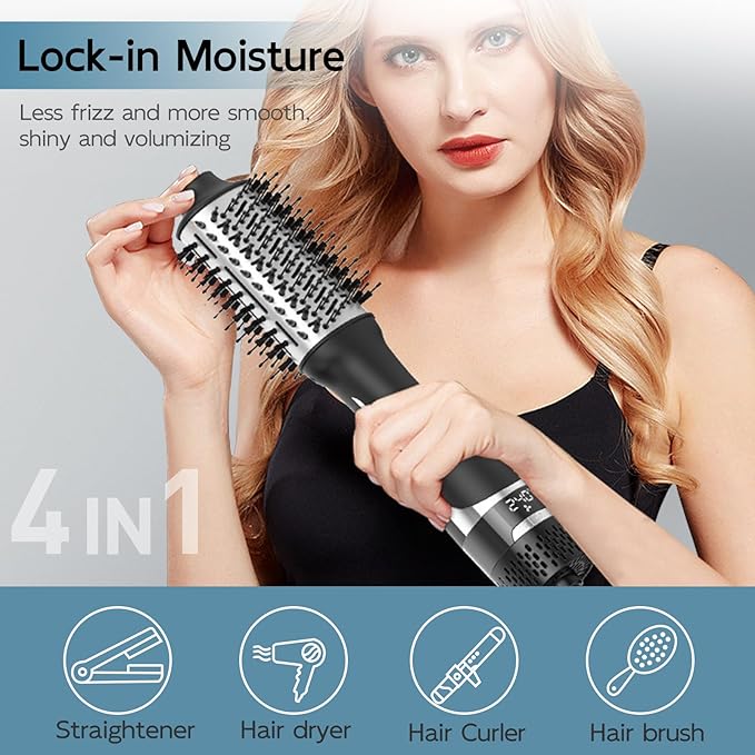 Hair Dryer Brush with Display Screen, Blow Dryer Brush for Women Fast Drying & Styling | Oval Ceramic Barrel, Negative Ion Technology, 3 Heat & 3 Speed Settings, Cold Shot, ALCI Plug (Black & Silver)