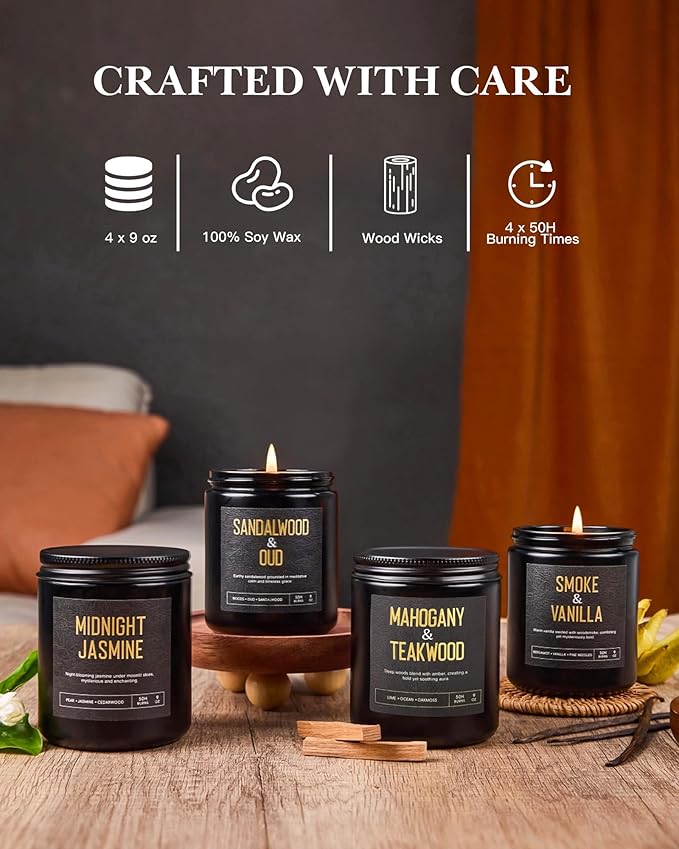 Crackling Wood Wick Candles for Men: 4 Pack 36oz Soy Scented Candles for Home Scented, Up to 200H Burning, Masculine Mens Candle Set, Aromatherapy Candle Gift Set for Fathers Birthday Christmas Gifts