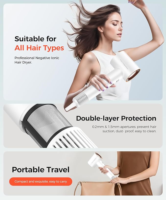 Hair Dryer, 150000 RPM High-Speed Blow Dryer with 500Million Negative Ions for Fast Drying, Lightweight & Thermo-Control, Hair Dryer with Diffuser and Nozzle, Ideal for Salon & Travel, White