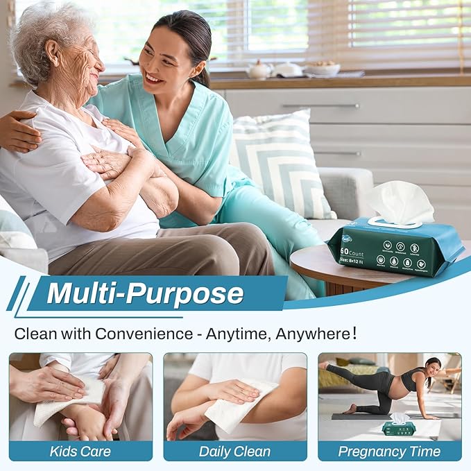 720 Count (12 Packs of 60) Wipes for Adults, 8" x 12" Extra Large for Incontinence & Cleansing, Disposable Body Shower & Bath Wipes for Elderly Bathing No-Rinse - Vitamin E & Aloe