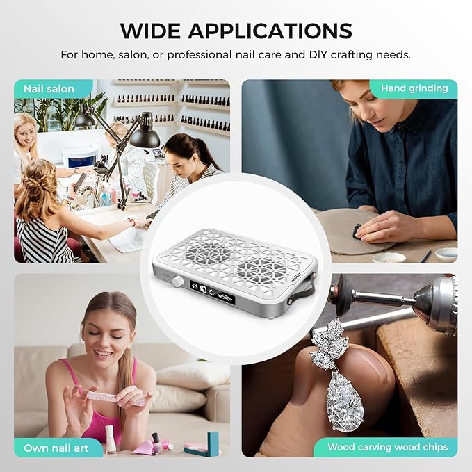 Nail Dust Collector, 1600PA Professional Nail Vacuum Dust Collector Fan with Filter Papers (30 Pcs) for Acrylic Nail Polishing & Manicure at Nail Salon & Home - White