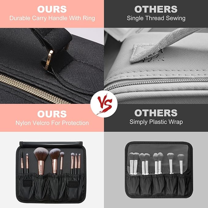 Mocado Travel Makeup Bag with LED Lighted Mirror,Travel Makeup Organizer,Makeup Case with 8 Makeup Brushes and 10x Magnifying Mirror,3 Colors Lighting, Adjustable Dividers Makeup Box(Black)