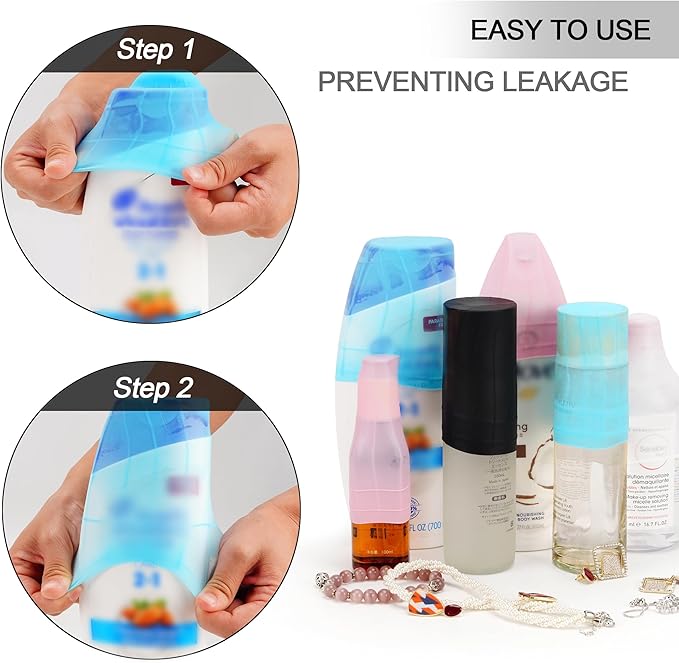 Travel Hanging Toiletry Bag for Women and Men, with 8 Leak Proofing Silicone Bottle Covers, Waterproof Makeup Accessories, Cosmetic Essentials, Cruise Ship Toiletries Bag with Jewelry Organizer, Black