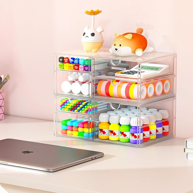 2 Pack Desk Organizers, Makeup Organizer Storage with 7 Drawers, Desktop Office Supplies, Clear Desk Accessories, Dustproof Drawer Organizer and Storage for Make Up, Jewelry, Pen