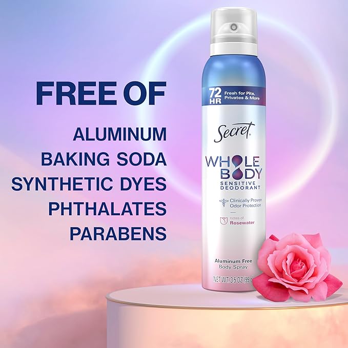 Secret Whole Body Deodorant for Women, Rosewater Scent, Aluminum Free Deodorant Spray, 72 HR Odor Protection, 3.5 oz