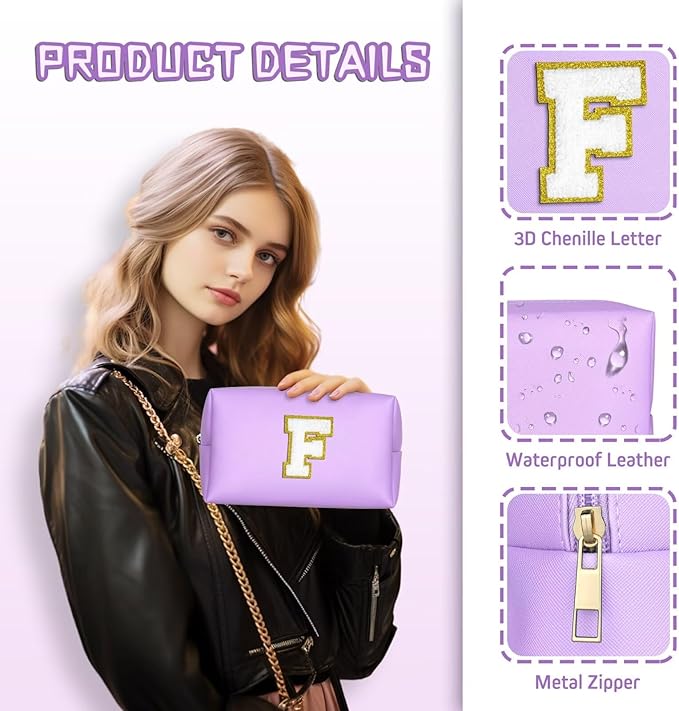 TOPEAST Initial Makeup Bags for Women, Personalized Portable Cosmetic Bag for Travel, Cute Makeup Pouch, PU Leather Waterproof Toiletry Bag, Preppy Things for Girl (Purple V)