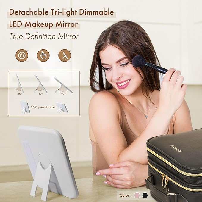 Travel Makeup Bag with LED Mirror Double Layer, Detachable Vanity Mirror with Lights, Tri-light Dimmable, Makeup Case with Adjustable Dividers and Brush Holder Cosmetic Organizer Storage Box