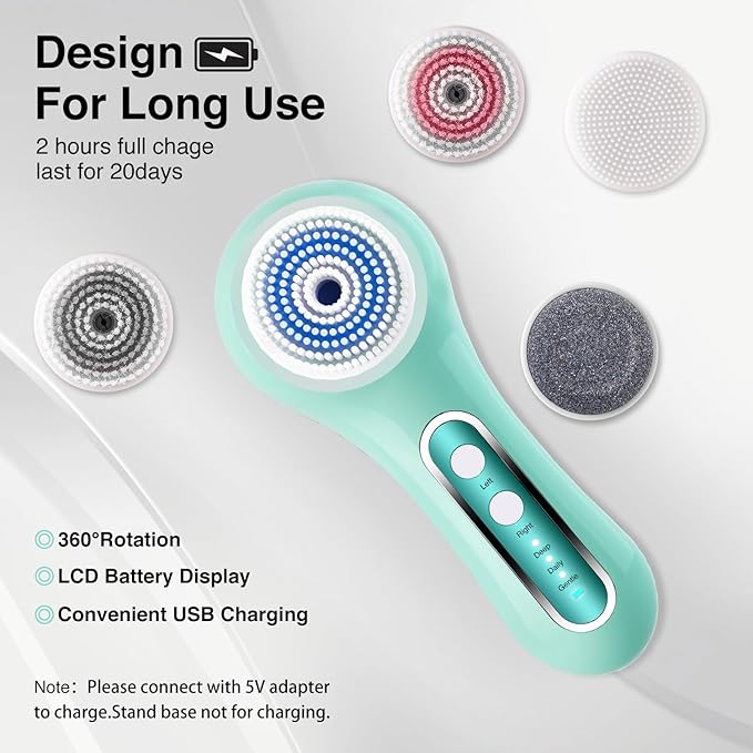 Face Scrubber Exfoliator, Rechargeable Facial Cleansing Brush with 2-Way Rotation & 3 Modes, 30-Day Runtime, 5 Brush Heads for SPA-Level Care, IPX7 Waterproof, Deep Cleaning for All Skin Types