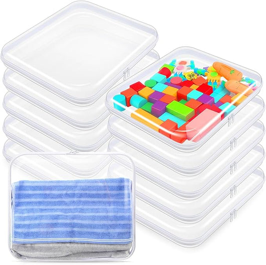 Sanwuta 10 Pcs Hard Zipper Case Clear Hard Pouches Plastic Zipper Pencil Box Toy Storage Bins Portable Plastic Container for Travel Toiletry Office Cosmetic Block Puzzle Organizer(L,Clear)