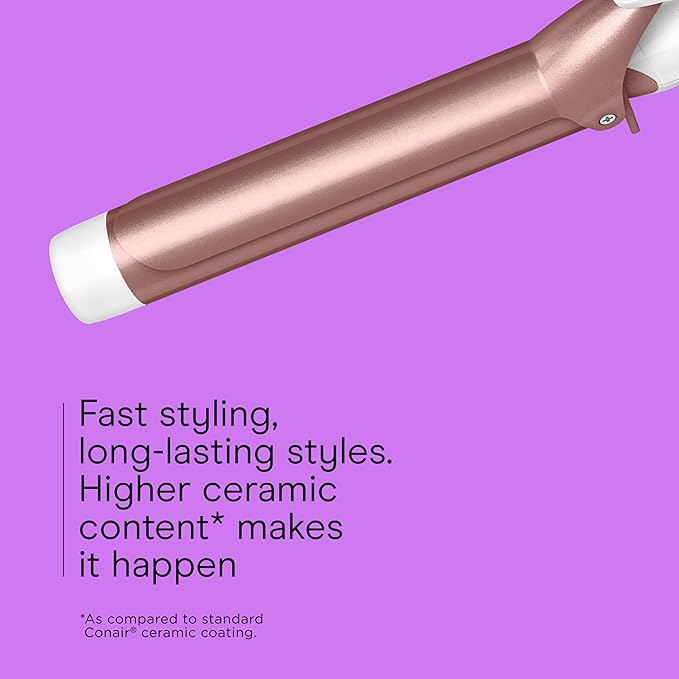 Conair Double Ceramic Curling Iron, 1 1/2" Extra-Long Barrel Hair Curling Iron, 30 Heat Settings, Turbo Heat, Auto Off, Cool Tip, Dual Voltage, Rose Gold