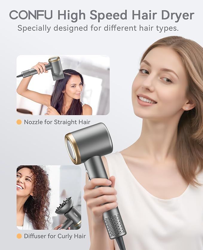Hair Dryer, CONFU Ion Hair Dryer with Diffuser for Curly Hair, 110000 RPM Professional High Speed Blow Dryer, 1400W Diffuser Hairdryers Fast Drying for Women Men