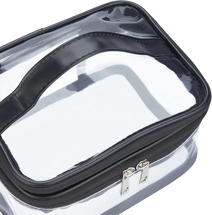 Double Layer Clear Cosmetic Bag Makeup Bag, Waterproof Travel Toiletry Bag, Transparent PVC Hair & Nail Accessories Pouch Beach Bag Organizer (Black)