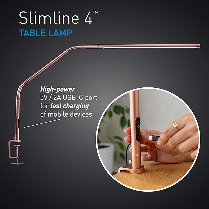 daylight Slimline 4™ LED Table Lamp in Rose Gold - 6,000K, 3,200 Lux, 4 Brightness Levels, USB-C Charging Port, Anti-Glare Diffuser, Flexible Design, Art & Craft, Sewing, Nail Salon