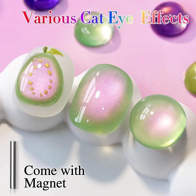 Double Rhythm 0.5 OZ Cat Eye Gel Polish with Magnet 15ML Holographic Glitter Shimmer Translucent Jelly Color Magnetic Nail Polish Salon DIY at Home (Pink Green-MC1215)
