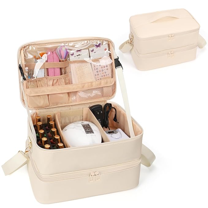 Ethereal Nail Polish Organizer Case, Leather Nail Polish Bag Holds 50+ Bottles (5ml/0.5fl.oz) and Nail Lamp, Nail Storage Organizer with Compartment, Leather White