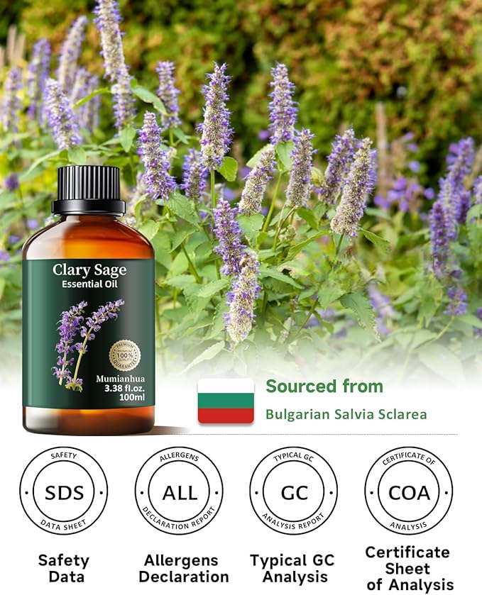 Clary Sage Essential Oil Pure, Mumianhua Natural Clary Sage Oil for Diffuser, Hair,Skin, Candle,Soap Making,Aromatherapy 3.38 Fl Oz