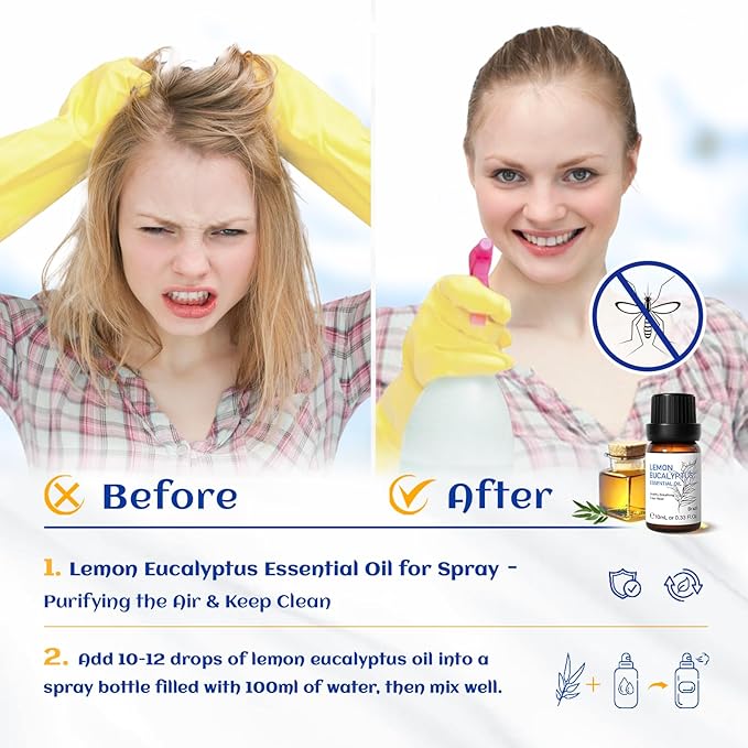 HIQILI Lemon Eucalyptus Oil, for Spary, Diffuser, Indoors, Outdoors, Garden, Yard, 100% Pure Natural - 0.33 Fl Oz