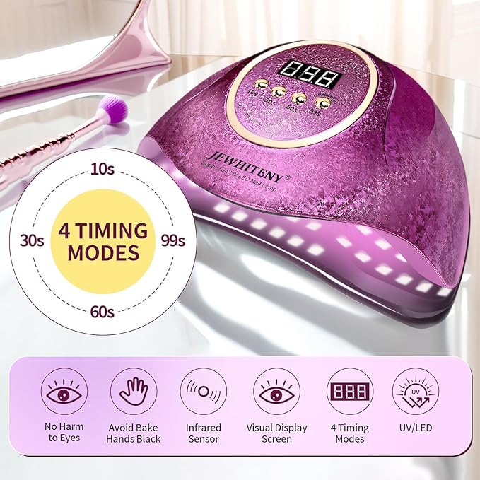 JEWHITENY Pink U V Gel Nail Lamp:LED Nails Curing Lamp with Automatic Sensor & 4 Timers Nail Light with 66 Lamp Beads
