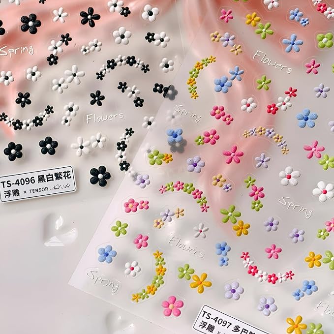 3 Sheets Flower Nail Art Stickers 5D Embossed Colorful Summer Spring Nail Stickers for Nail Art Cute Daisy Nail Decals Self Adhesive Flower Nails Supplies Spring Nail Design for Women Girls