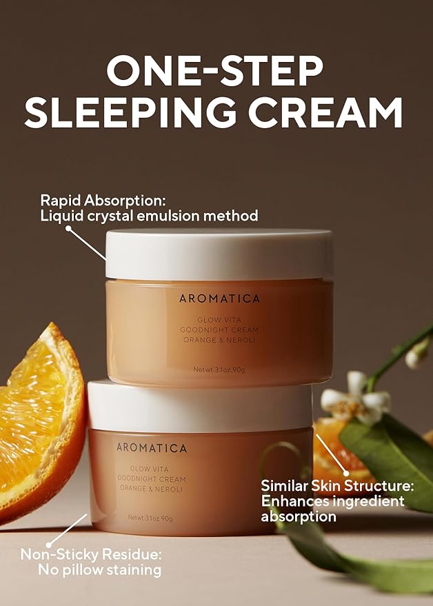 AROMATICA Glow Vita Goodnight Cream Orange & Neroli - Night Cream Moisturizer for Face & Neck | Anti Aging Wrinkle Cream with Vitamin C, 5% Niacinamide (3.1fl oz/90g)