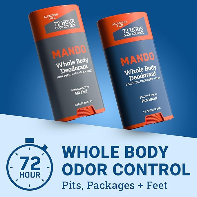 Mando Whole Body Deodorant For Men - Smooth Solid Stick - 72 Hour Odor Control - Aluminum Free, Baking Soda Free, Skin Safe - 2.6 Ounce (Pack of 2) (Mt Fuji & Pro Sport)