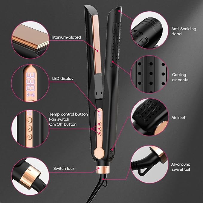 SKIMI Airflow Styler, Titanium Flat Iron Hair Straightener, Professional Curling Iron with Cooling Air Vents to Lock in Style, 5 Temps & Dual Voltage, Auto Off (Black & Champagne Gold).