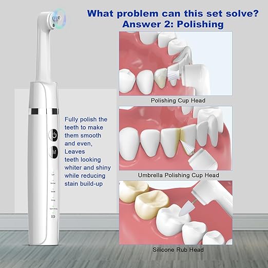 Tooth Polisher,Teeth Polishing Kit for Daily Cleaning,Polishing Then Whitening of Tooth (Professional Toothpaste Include),USB Rechargeable Dental Polisher with LED Light,6 Heads,5 Speed Modes