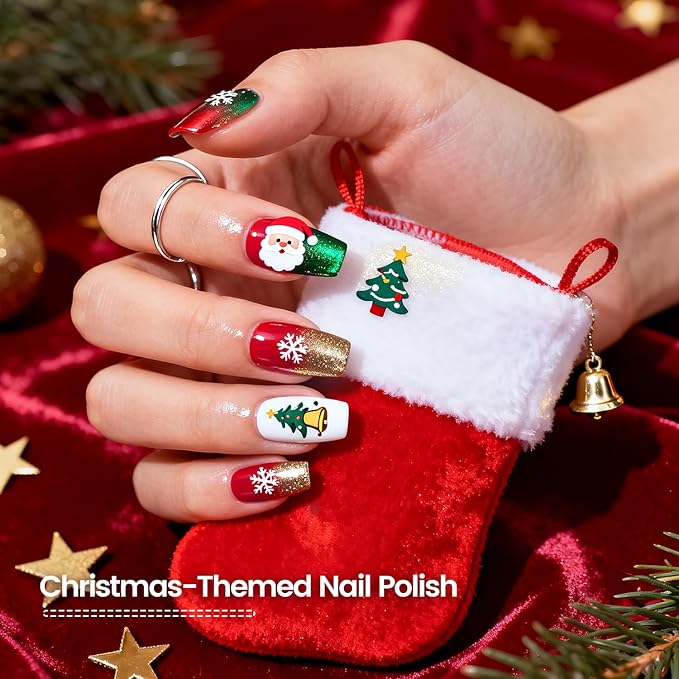 Christmas Nail Polish Set 10 Colors and Base Coat and Top Coat Red Green Glitter Gold Silver Nail Polish Kit Quick Dry Manicure Nail Art Manicure DIY Home Salon Gift for Women Girls