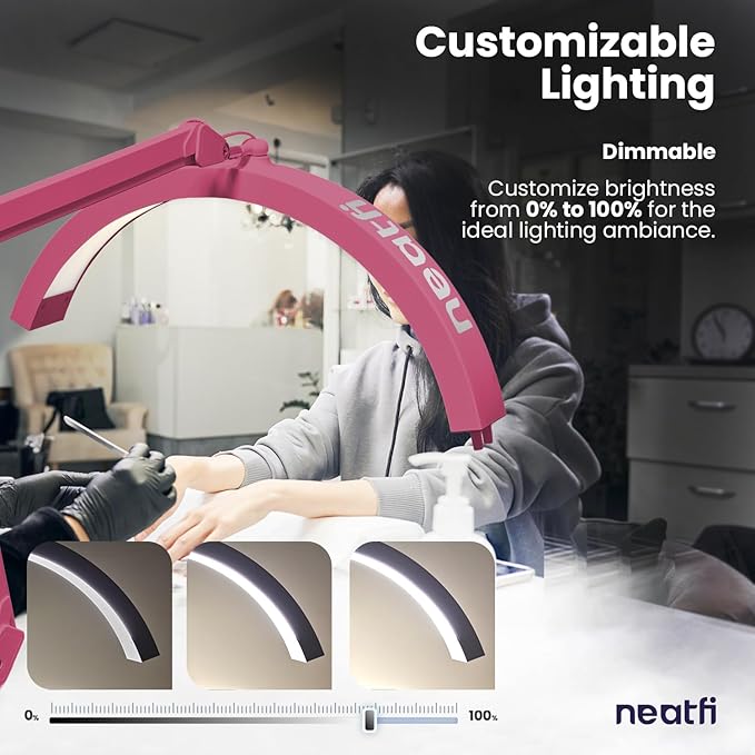 Neatfi Half Moon LED Table Lamp for Estheticians, Nail Tech, and Cosmetician for Manicure Art, Facial, Waxing, Threading and Tattoo, 2500 Lumens, 5 Light Modes (with Clamp, Pink)