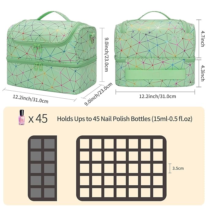 CUBETASTIC Nail Polish Organizer, Cute Nail Tech Organizers And Storage Bag Holds 45 Bottles & UV Nail Lamp, Compact Double-Layer Travel Nail Supplies Case for Nail Kit (Triangle Green, 45 Slots)