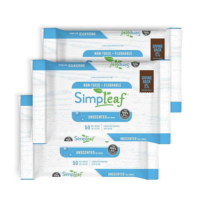 Simpleaf Flushable Wet Wipes Unscented | Plastic Free, Paraben & Alcohol Free | Hypoallergenic & Safe for Sensitive Skin | Soothing Aloe Formula | Adult Toilet Wipes (3 x 50 Counts Pack) 150 Counts