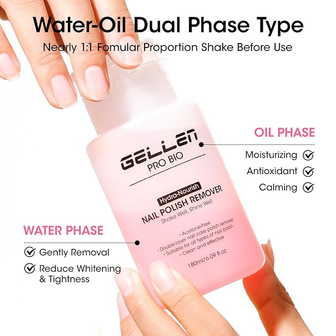 Gellen Nail Polish Remover, Non Acetone Rose Scent Nail Polish Remover, Dual-phase Hydrating Fingernail Polish Removal, Healthy Nourishing Nail Removal with Pump, Contains Vitamin E, 6.09 Fl Oz