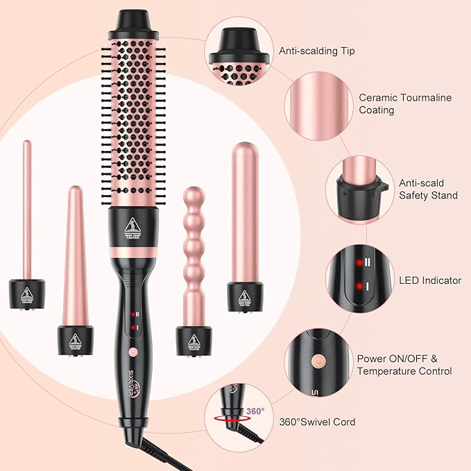 5 in 1 Curling Wand Set, Sixriver Hair Curling Iron with Curling Thermal Brush&4 Interchangeable Ceramic Curling Wand(0.4”-1.25”), Long Lasting Curls, Fast Heating Hair Wand Curler with Glove&2 Clips