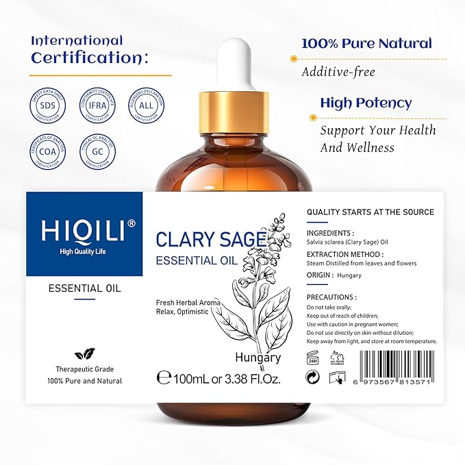 HIQILI Clary Sage Oil Essential, Herbal Sooth Aroma in Diffuse, Meditation, Calming Sleep at Bedtime, Body Massage, Moisturize Skin, DIY Deodorant Spray - 100ML