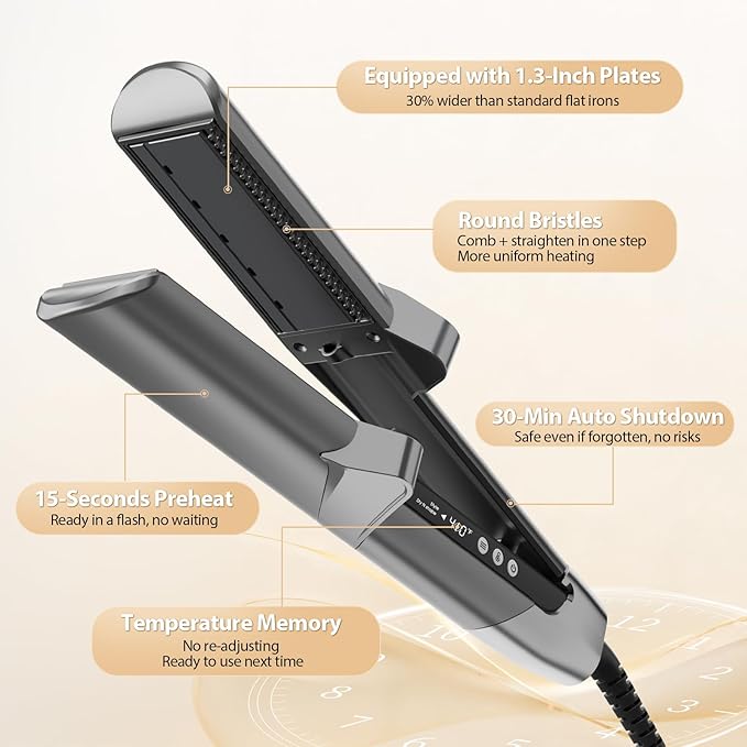 Quico Hair Dryer Air Straightener, Wet to Dry Ionic Hair Straighteners with High-Speed Airflow, 5 Temps & Dual Voltage, 2-in-1 Flat Iron and Blow Dryer, Black Grey