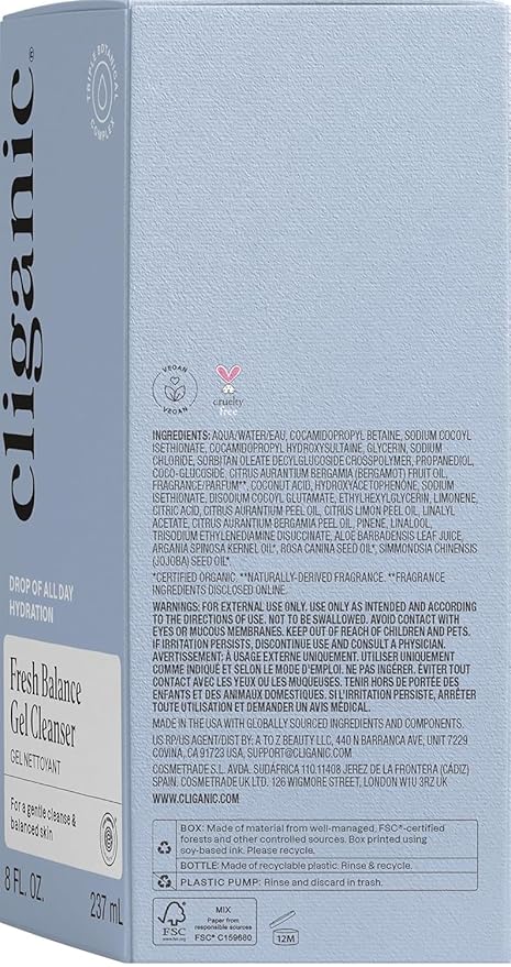 Cliganic Hydrating Gel Cleanser with Triple Botanical Complex® – Gentle Face Wash with Jojoba, Rosehip & Argan Oils – Removes Makeup & Impurities – Aloe Vera & Glycerin for Balanced, Glowing Skin 8oz