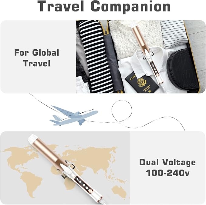 1 1/2 inch Curling Iron, Dual Voltage Large Hair Curling Iron Heat up to 450°F, Professiona Curling Wand Ceramic Tourmaline(Champagne Gold)