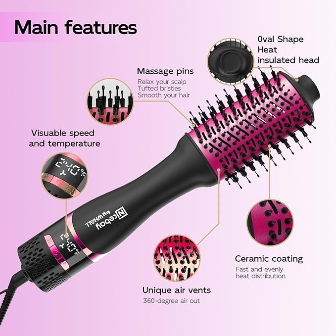 Nicebay Hair Dryer Brush, Blow Dryer Brush for Women Fast Styling, One Step Blowout Brush with Display Screen-Less Frizz, More Shine, Oval Ceramic Barrel, Negative Ion