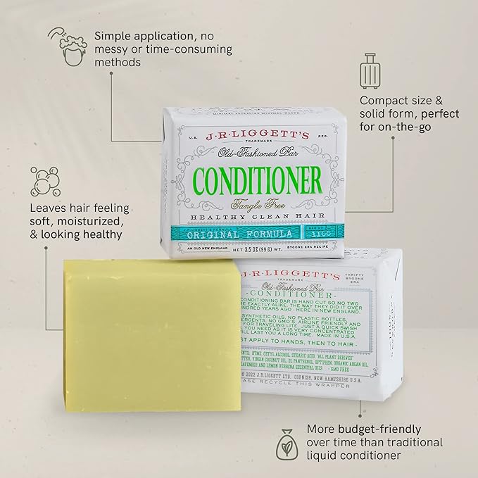 J·R·LIGGETT'S Conditioner Bar - Original Formula, All Natural Hair Conditioner with Coconut Oil & Cocoa Butter - Sulfate Free, Gmo Free, Plant-Based Ingredients for Soft & Smooth Hair, 1.75oz - 2 Pack