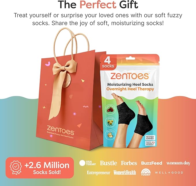 ZenToes Moisturizing Socks for Cracked Heel Treatment, Vitamin E, Olive Oil and Jojoba Oil Heel Socks, Stocking Stuffers for Women, Spa Self Care Gifts for Women (Fuzzy Black, Regular)