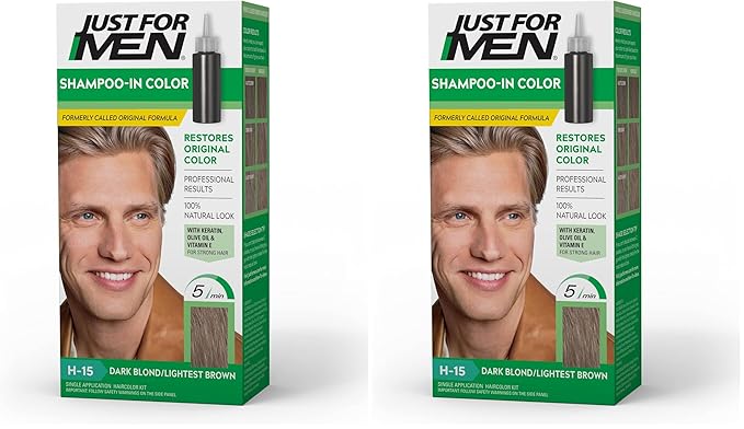 Just For Men Shampoo-In Color (Formerly Original Formula), Mens Hair Color with Keratin and Vitamin E for Stronger Hair - Dark Blond/Lightest Brown, H-15, Pack of 2