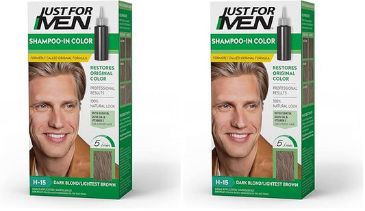 Just For Men Shampoo-In Color (Formerly Original Formula), Mens Hair Color with Keratin and Vitamin E for Stronger Hair - Dark Blond/Lightest Brown, H-15, Pack of 2