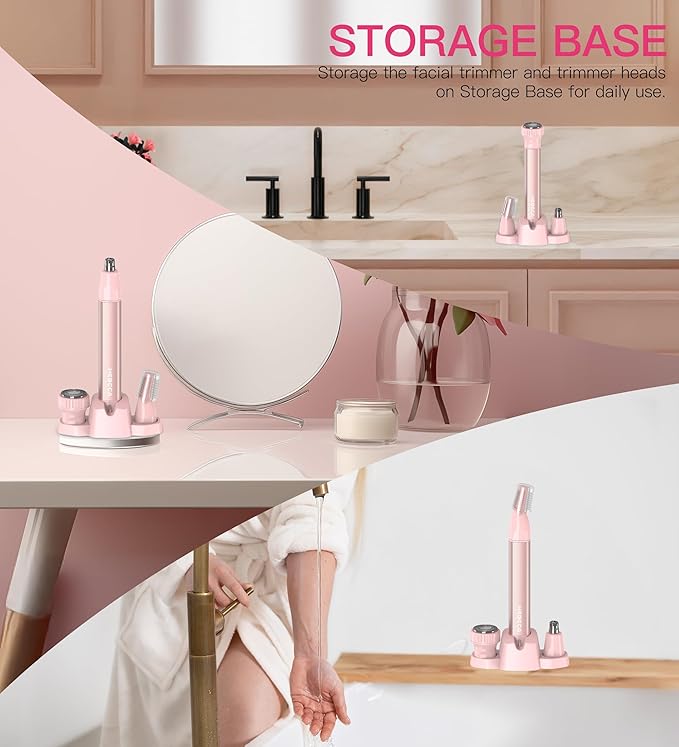 Nose Hair Trimmer for Women 3in1 Facial Hair Removal Trimmers- Rechargeable, Waterproof, Portable with Travel Bag- Trims Nose, Ear, Eyebrow, Peach-Fuzz, Lips, Chin Face Hair Remover (Rose Pink)