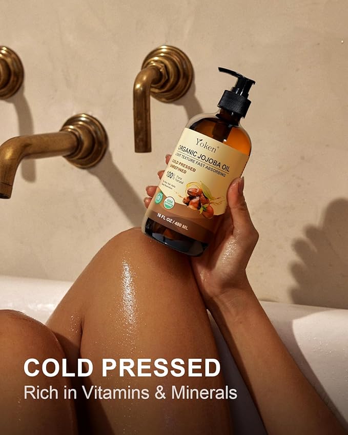 Organic Jojoba Oil Glass Bottle 16 fl oz, USDA Certified 100 Pure & Natural Jojoba Oil for Hair, Skin & Face, Cold Pressed Unrefined Hexane Free, Deeply Moisturizing Body Serum for Gua Sha