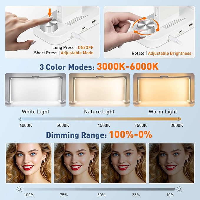 KIRKAS 34inch Large Half Moon Light for Nail Tech, 456 LEDs 3 Color Modes Infinitely Knob Arch Light with Phone Holder Charging Function, Foldable Nail Desk Lamp for Eyelash Extension, Tattoo-White