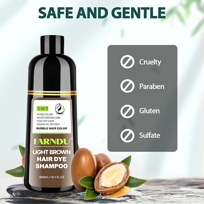 FARNDU Light Brown Hair Dye Shampoo 3 in 1 with Argan Oil – 10-15 Min Gray Coverage, Natural Instant Hair Color Shampoo for Women and Men, Long-Lasting Up to 6 Months, Ideal Christmas Gifts